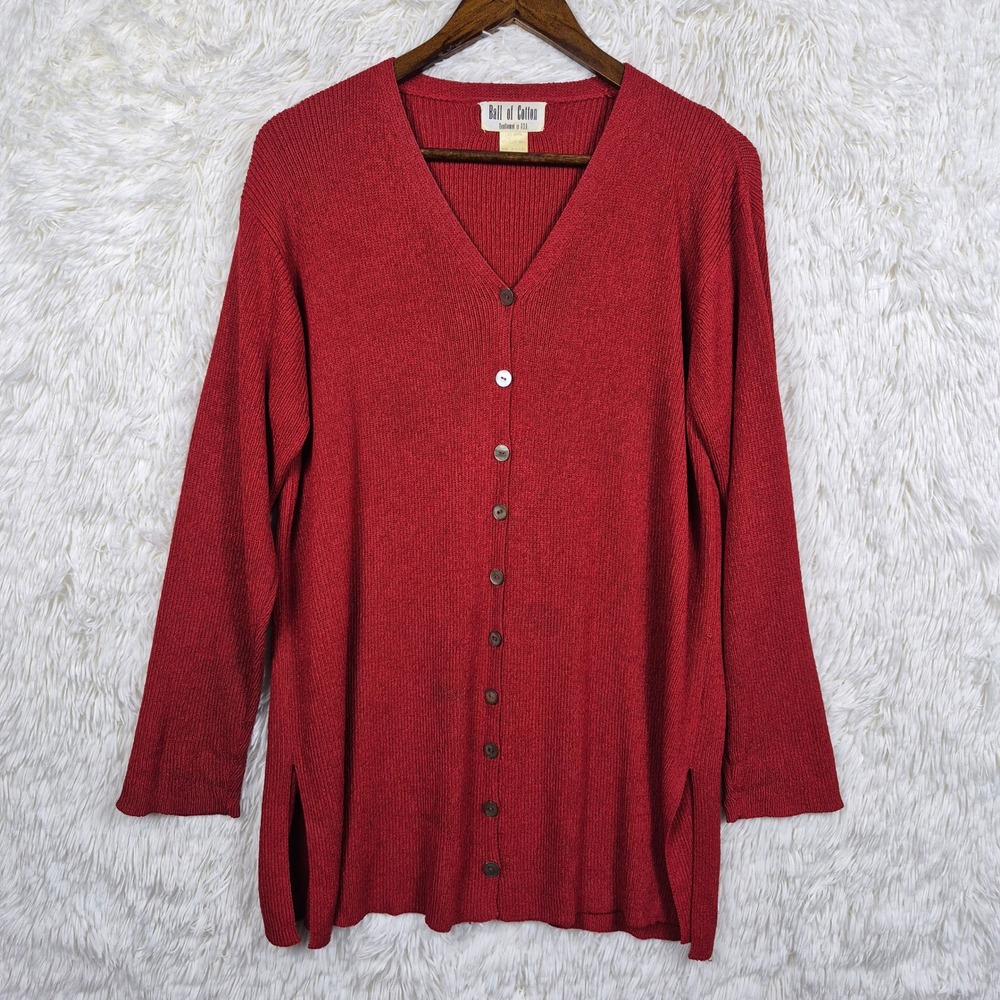 Ball of Cotton Red Handloomed‎ V-Neck Button Cardigan Sweater Womens Large USA